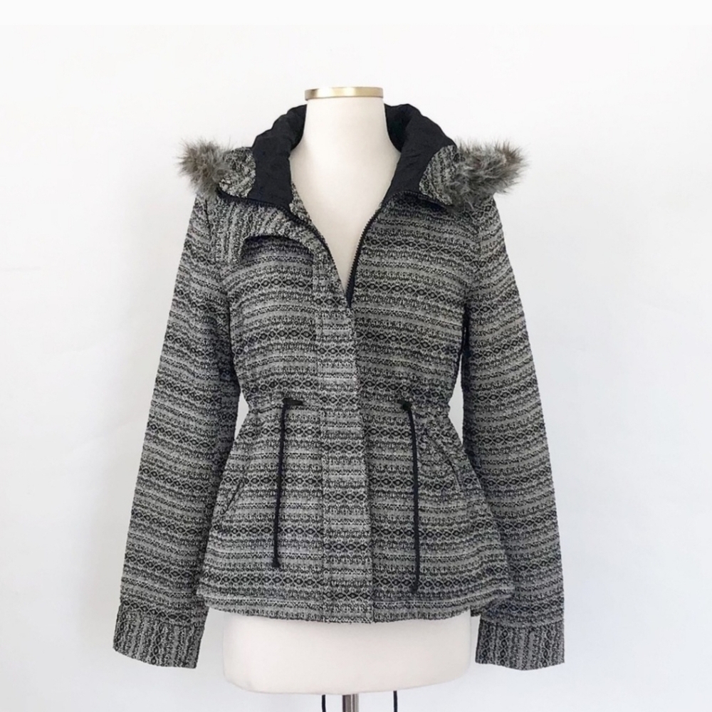 Jack By BB Dakota Tweed Lined Full Zip Jacket With Fur Trimmed Hood Size Small
